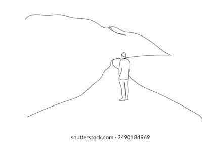 Remote view of a person walking on the mountain road in nature. One continuous line. Line art. Minimum one line. White background.