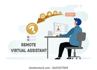 Conceito de assistente virtual remoto. Assistente virtual gerenciando tarefas por meio de um computador. Inclui representação de comunicação e assistência digital.