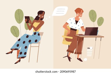 Remote Virtual Business Communication Concept. Modern Office Workers Communicate, Discuss Project And Work Online Through Internet. Woman Colleague Sending Voice Message. Flat Vector Illustration