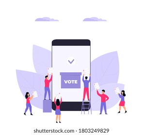 Voto a distancia. Pequeños votantes cerca de una enorme urna electoral para smartphones emitieron su voto.