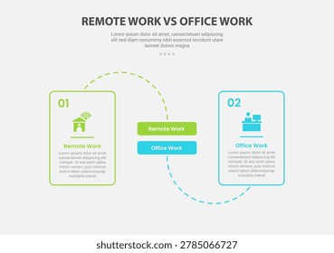 remote vs office work comparison infographic outline style with 2 point comparison template with round box dotted line connection for slide presentation vector