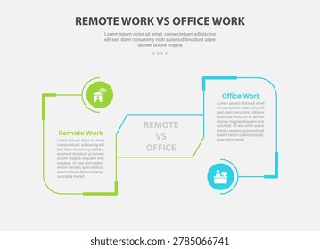 remote vs office work comparison infographic outline style with 2 point comparison template with round box with circle connection for slide presentation vector