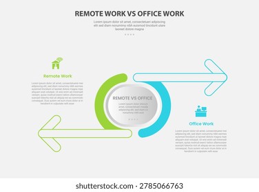 remote vs office work comparison infographic outline style with 2 point comparison template with piechart shape and arrow opposite direction for slide presentation vector