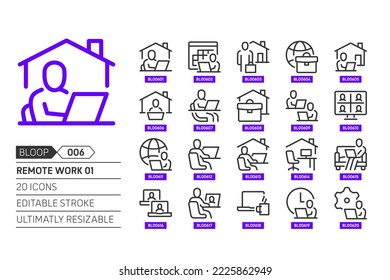 Remote work 01 related, pixel perfect, editable stroke, up scalable, line, vector bloop icon set. 