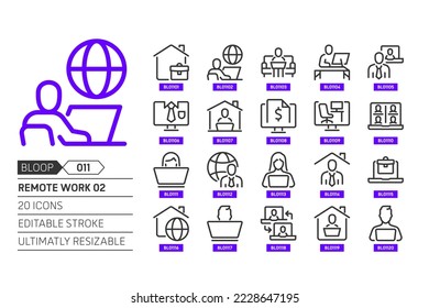 Remote Work 02 related, pixel perfect, editable stroke, up scalable, line, vector bloop icon set. 