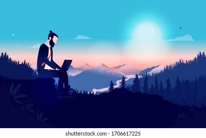 Remote work from anywhere - Man sitting alone in nature wilderness working on laptop. Beautiful view with sun and mountains in background. Independent, freelance, solitude and business concept. Vector