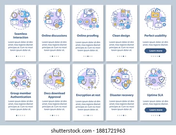 Remote work app features onboarding mobile app page screen with concepts set. Security parameters walkthrough 5 steps graphic instructions. UI vector template with RGB color illustrations
