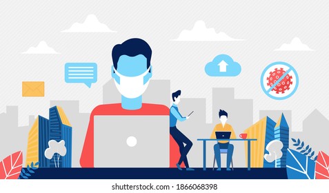 Remote work to avoid coronavirus covid19 vector illustration. Cartoon freelancer man character in mask working online with laptop from home during quarantine, remote business freelance job background