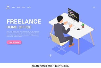 Remote Work Banner Concept. A Man Works On A Computer At His Desk. Vector Isometric Illustration.