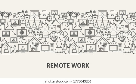 Remote Work Banner Concept. Vector Illustration of Outline Design.