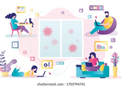 Remote work banner. Various business people or freelancers at home, online distance work. Self-isolation and quarantine. Coronavirus outside the window. Covid-19 pandemic. Vector illustration