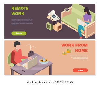 Remote work banners. Isometric people working from home. Man woman with laptop, distance business vector background