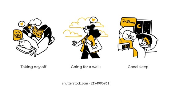 Remote Work Benefits, Limitations and Workflow Organization - abstract business concept illustrations. Taking day off, Going for a walk, Good sleep. Visual stories collection