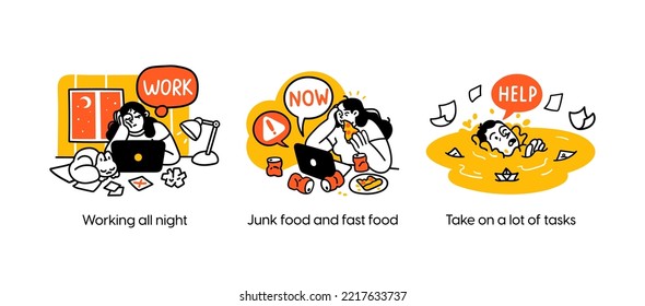 Remote Work Benefits, Limitations and Workflow Organization Concept illustrations. Collection of scenes with people organizing and improving their workflow. Visual stories collection