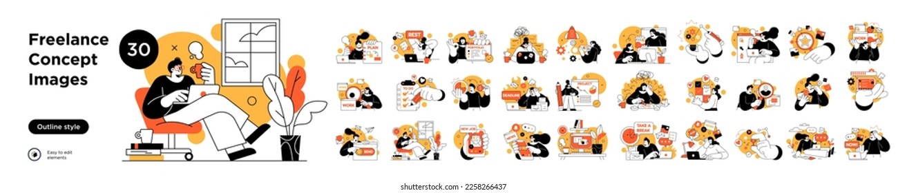 Remote Work Benefits, Limitations and Workflow Organization Concept illustrations. Collection of scenes with people organizing and improving their workflow. Vector illustration - Shutterstock ID 2258266437