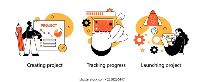 Remote Work Benefits, Limitations and Workflow Organization Concept illustrations. Collection of scenes with people organizing and improving their workflow. Visual stories