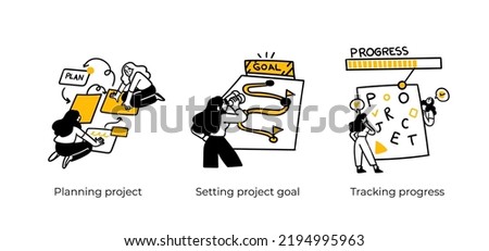 Remote Work Benefits, Limitations and Workflow Organization - abstract business concept illustrations. Planning project, Setting project goal, Tracking progress. Visual stories collection