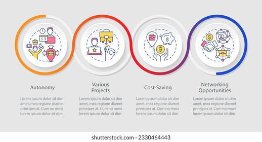 Die Vorteile der Fernarbeit - Schleife der Infografik-Vorlage. Digitales Nomad. Visualisierung von Daten in 4 Schritten. Bearbeitbare Timeline-Info-Diagramm. Workflow-Layout mit Zeilensymbole. Myriad Pro-Regula-Schriftart verwendet