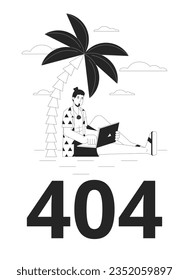 Remote work black white error 404 flash message. Empty state ui design. Freelancer typing on laptop. Page not found popup cartoon image. Vector flat illustration concept on white background