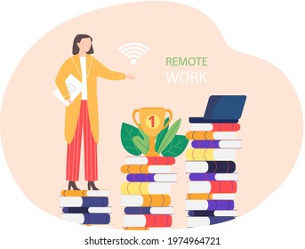 Remote work with books. Electronic online library. Distance education with modern digital technologies. Woman teacher standing next to laptop with virtual textbook and stack of multicolored books