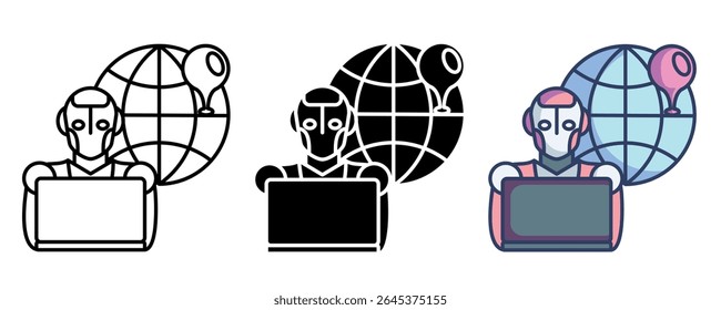 Remote work bot icon represented by mark, robot, laptop, globe Line, Filled, Color style.