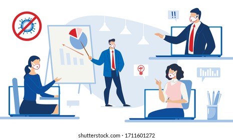 Remote Work, Business Meeting Online, Partner Conference, Educational Training Webinar. Woman Boss Chief, Executive Manager, Lecturer Diving Information Statistic Data in Graph Chart. Idea Discussion