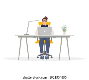 Remote work. Business people office work. Vector illustration, flat design. Cartoon man sitting on the table with laptop isolated on white background.