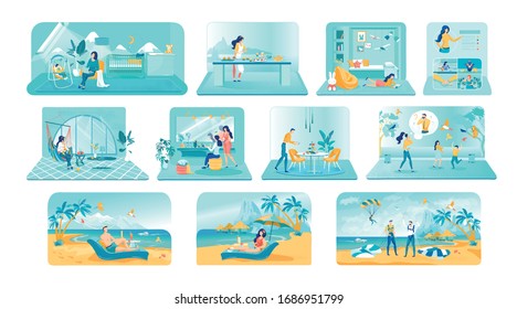 Remote Work and Business Vector Illustrations Set. People Working at Home and on Beach Cartoon Characters. Freelance occupation, Household Beauty Treatment. Homemade Pastry and Handmade Jewelry Sale