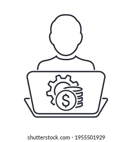 Remote work. Businessman makes money sitting at a laptop. Vector linear illustration isolated on white background.
