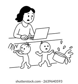 Remote Work Chaos Parenting Challenges with Small Kids Linear Illustration