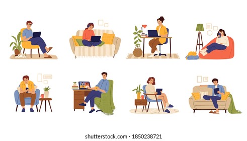 Remote work characters. Home office, business people job with computer. Flat freelance worker in chair with cat and laptop swanky vector set