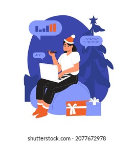 Remote work at Christmas and New Years. Woman with a laptop in a Santa hat. Celebration New Year night at work. Christmas workplace.