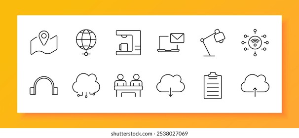 Icono de trabajo remoto y conjunto de tecnología en la nube. Mapa pin, globo, máquina de café, correo electrónico, lámpara de escritorio, red wifi, auriculares, conexión en la nube, trabajo en equipo, Descarga en la nube, lista de verificación, Cargar en la nube