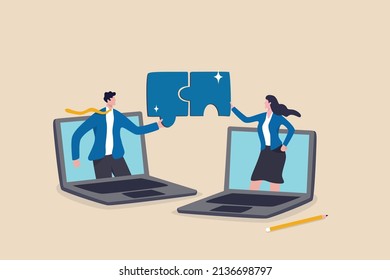 Remote Work Collaboration Or Partnership, Work From Home Or Distant To Get Business Solution Together, Online Conference Meeting Concept, Businessman And Woman Coworker Solve Jigsaw Puzzle Together.