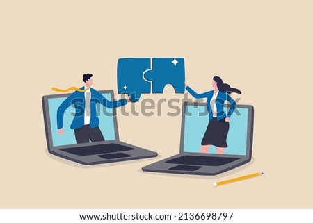 Remote work collaboration or partnership, work from home or distant to get business solution together, online conference meeting concept, businessman and woman coworker solve jigsaw puzzle together.