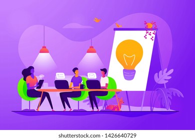 Remote work, colleagues brainstorming and searching solution. Coworking of freelancers, teamwork and communication, independent activity concept. Vector isolated concept creative illustration