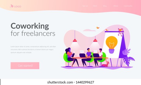 Remote work, colleagues brainstorming and searching solution. Coworking of freelancers, teamwork and communication, independent activity concept. Website homepage header landing web page template.