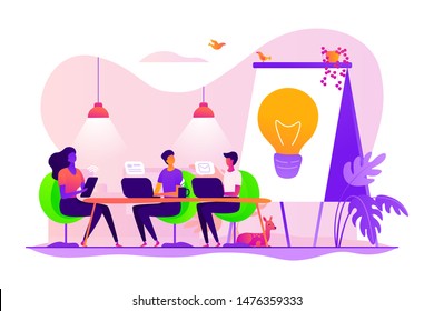 Remote work, colleagues brainstorming and searching solution. Coworking of freelancers, teamwork and communication, independent activity concept. Vector isolated concept creative illustration