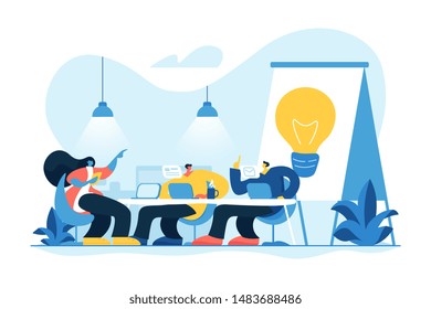 Remote work, colleagues brainstorming and searching solution. Coworking of freelancers, teamwork and communication, independent activity concept. Vector isolated concept creative illustration