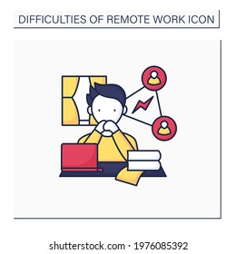 Remote work color icon. Collaboration, communication issues. Inability to fast communicate.Career difficulties concept. Isolated vector illustration