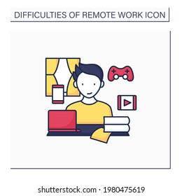 Remote work color icon. Distractions at home.Control entertainment while working. Career difficulties concept. Isolated vector illustration