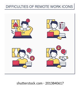 Remote work color icons set. Equipment issues, prioritizing work.Conflict unaddressed longer. Career difficulties concept. Isolated vector illustrations