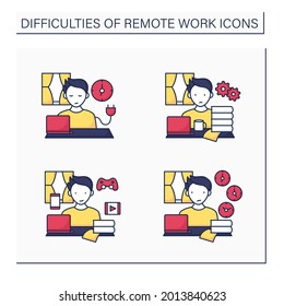 Remote work color icons set. Unplugging after work, overworking, distractions at home, time zone differences. Career difficulties concept. Isolated vector illustrations