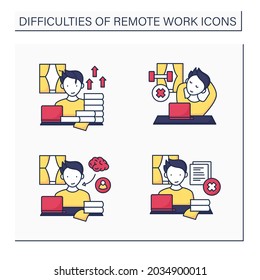 Remote work color icons set. Career advancement, lack of physical activities. Learning and mentorship.Tribal knowledge. Career difficulties concept. Isolated vector illustrations