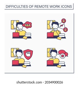 Remote work color icons set. Stayed motivated, loneliness, collaboration. Spontaneous conversations. Distance work troubles. Career difficulties concept. Isolated vector illustrations