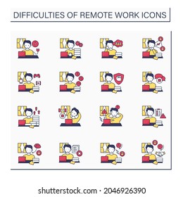 Remote work color icons set. Distance work troubles. Loneliness, unproductivity. Career difficulties concept. Isolated vector illustrations