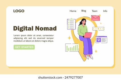 Remote work concept banner. Digital nomad. Flat vector illustration.