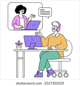 Remote work concept. A businessman in a virtual meeting with a colleague. Online collaboration, digital communication, and home office setup. Vector illustration.