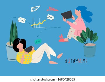 Remote work concept. Covid-19 quarantine concept. Women working from homes. Vector illustration in flat style