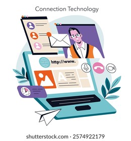 Remote Work concept. Digital communication tools displayed on a laptop with a user engaged in professional tasks. Telecommuting, online interaction, and modern work environment. Vector illustration.